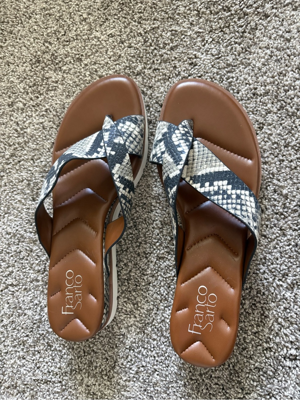 Franco Sarto Tan Footbed Snake-Print Cross Strap Slide Sandals